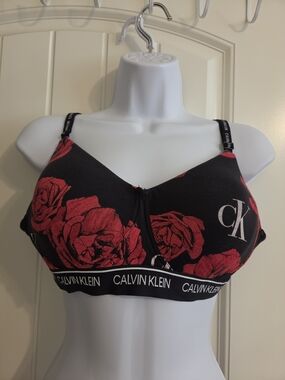 Calvin Klein Black Bralette with Red Rose Print